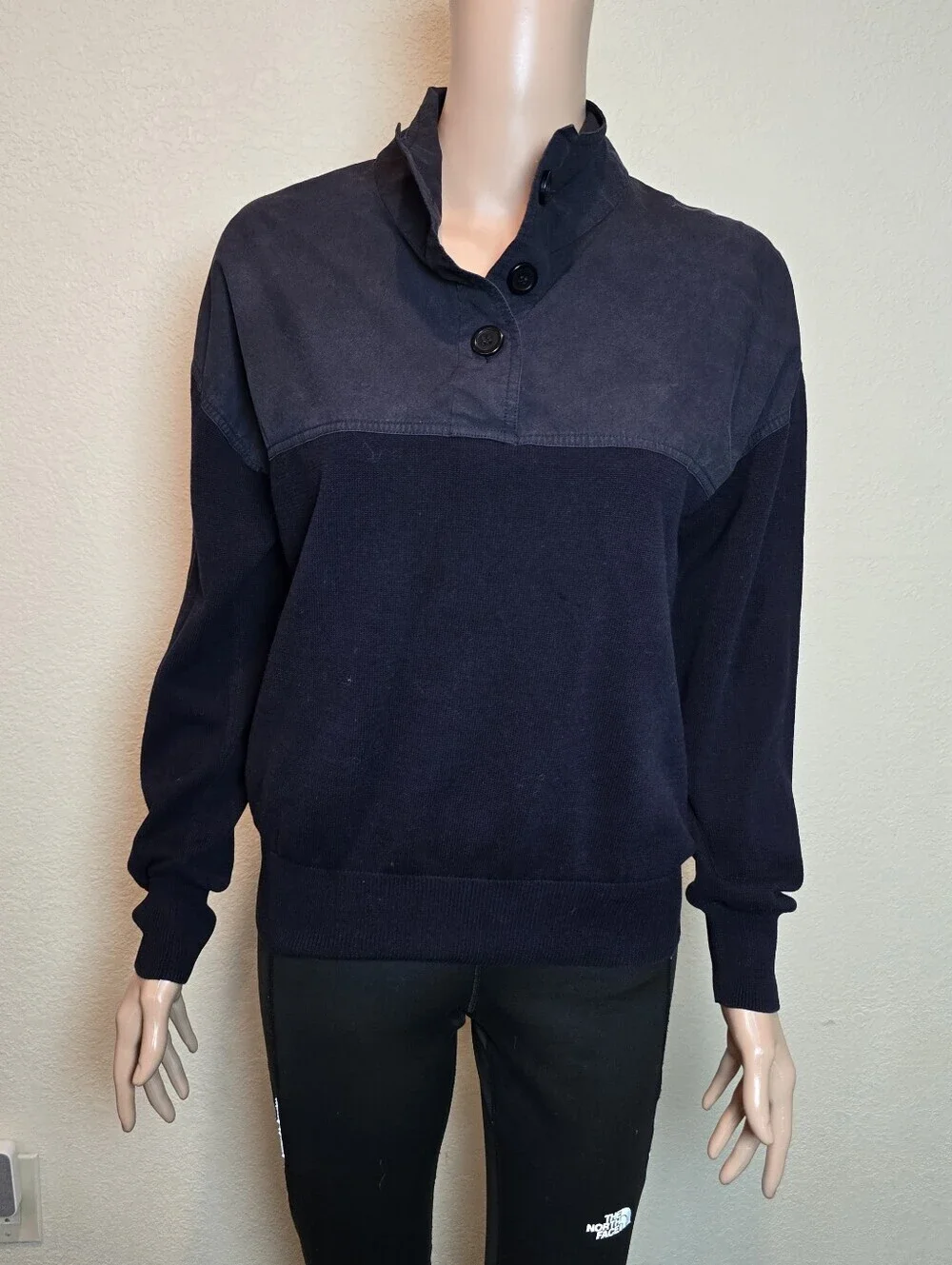 COS Small  navy colorblock button up quarter button long sleeve sweater